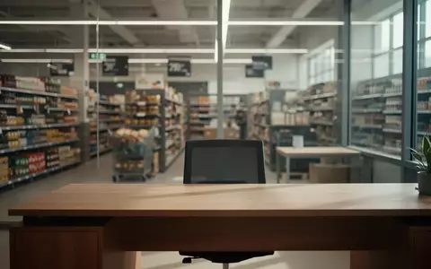 Ein minimalistischer, leerer Schreibtisch in einem modernen Büro vor dem unscharfen Hintergrund eines Lebensmittelmarktes. - Foto: über boerse-global.de