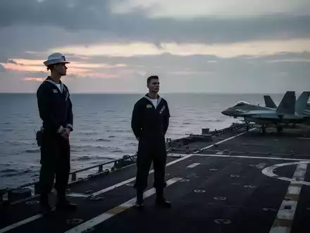Ein einsamer US-Navy-Matrose steht bei Dämmerung auf dem Deck eines Flugzeugträgers und blickt auf den Ozean. - Foto: über boerse-global.de