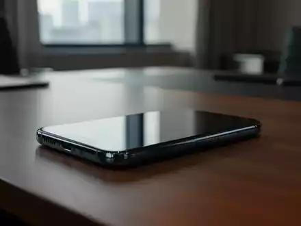 Ein modernes Smartphone auf einem hölzernen Schreibtisch in einem Büro mit weichem Licht. - Foto: über boerse-global.de