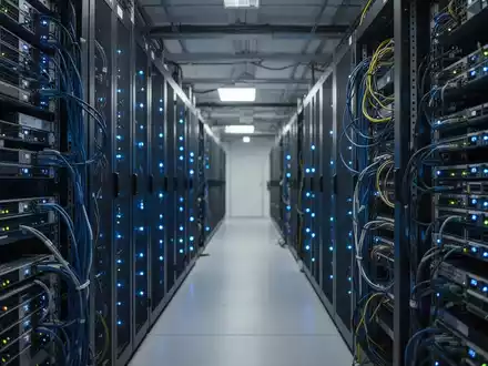 Reihen von modernen Server-Racks in einem Rechenzentrum mit blauen LED-Leuchten. - Foto: über boerse-global.de