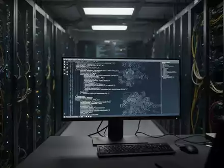 Ein dunkler Serverraum mit leuchtenden Racks und einem Arbeitsplatz, an dem abstrakter Programmcode auf einem Bildschirm zu sehen ist. - Foto: über boerse-global.de