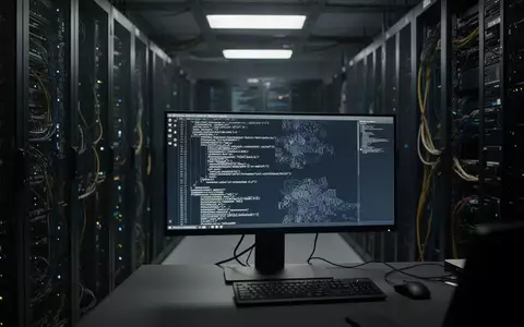 Ein dunkler Serverraum mit leuchtenden Racks und einem Arbeitsplatz, an dem abstrakter Programmcode auf einem Bildschirm zu sehen ist. - Foto: über boerse-global.de