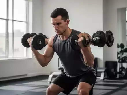 Ein Sportler führt in einem minimalistischen Fitnessstudio eine Übung mit Hanteln aus, um den Fokus auf effizientes Training zu verdeutlichen. - Foto: über boerse-global.de
