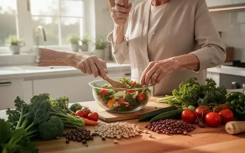 Ein älterer Mensch bereitet in einer hellen Küche eine gesunde Mahlzeit mit frischem Gemüse und Hülsenfrüchten zu. - Foto: über boerse-global.de