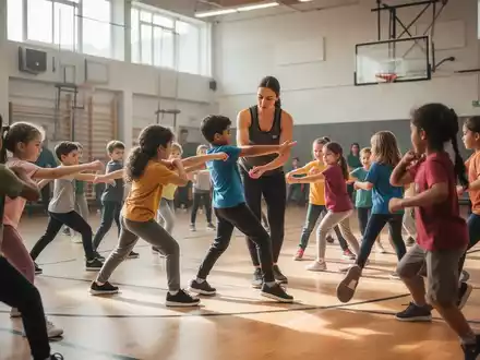 Eine Gruppe von Grundschulkindern nimmt an einem pädagogischen Training zur Stärkung sozialer Kompetenzen in einer Turnhalle teil. - Foto: über boerse-global.de