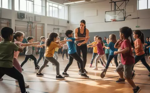 Eine Gruppe von Grundschulkindern nimmt an einem pädagogischen Training zur Stärkung sozialer Kompetenzen in einer Turnhalle teil. - Foto: über boerse-global.de