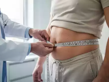 Ein Arzt misst bei einem Patienten in einer modernen Arztpraxis den Taillenumfang mit einem Maßband. - Foto: über boerse-global.de
