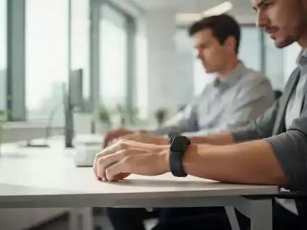 Ein moderner Büroarbeitsplatz mit einem Mitarbeiter, der ein Wearable zur Gesundheitsüberwachung am Handgelenk trägt. - Foto: über boerse-global.de