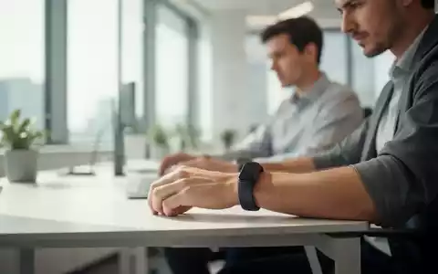 Ein moderner Büroarbeitsplatz mit einem Mitarbeiter, der ein Wearable zur Gesundheitsüberwachung am Handgelenk trägt. - Foto: über boerse-global.de