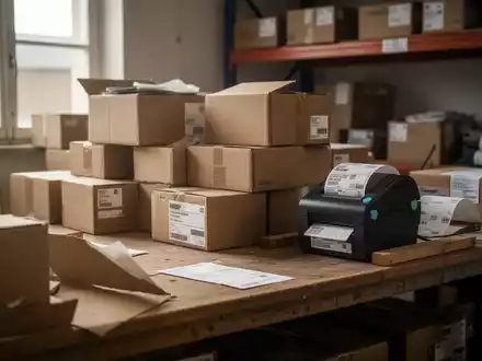 Ein unaufgeräumter Packtisch in einem Lagerraum mit Kartons und Versandmaterial vor einem Fenster. - Foto: über boerse-global.de