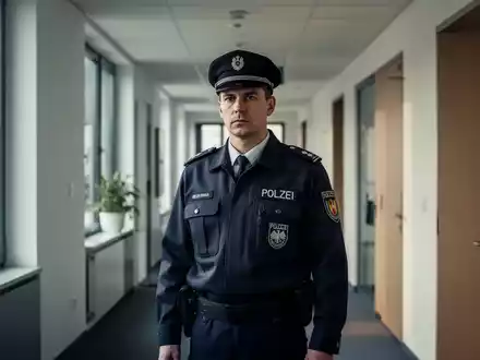 Ein Polizeibeamter in Uniform steht in einem modernen Flur und repräsentiert die polizeiliche Ermittlungsarbeit. - Foto: über boerse-global.de