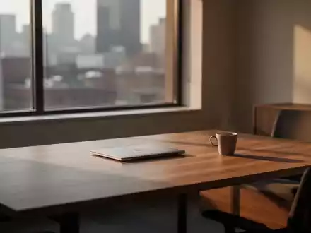 Ein leerer Schreibtisch mit geschlossenem Laptop und einer Kaffeetasse in einem hellen, ruhigen Büro am späten Nachmittag. - Foto: über boerse-global.de
