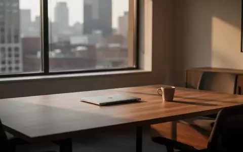 Ein leerer Schreibtisch mit geschlossenem Laptop und einer Kaffeetasse in einem hellen, ruhigen Büro am späten Nachmittag. - Foto: über boerse-global.de