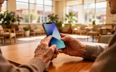 Eine ältere Person bedient konzentriert ein Smartphone in einem hellen, einladenden Gemeinschaftsraum. - Foto: über boerse-global.de