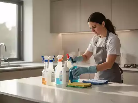 Professionelle Reinigungskraft bei der strukturierten Arbeit in einer modernen, hellen Küche. - Foto: über boerse-global.de