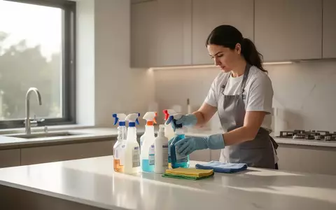 Professionelle Reinigungskraft bei der strukturierten Arbeit in einer modernen, hellen Küche. - Foto: über boerse-global.de