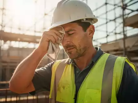 Ein Handwerker wischt sich bei starker Hitze auf einer Baustelle den Schweiß von der Stirn. - Foto: über boerse-global.de