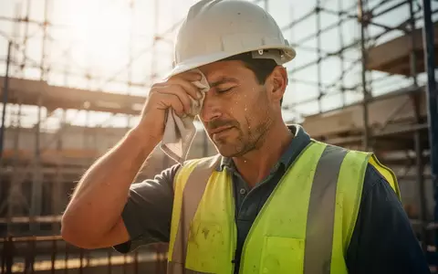 Ein Handwerker wischt sich bei starker Hitze auf einer Baustelle den Schweiß von der Stirn. - Foto: über boerse-global.de