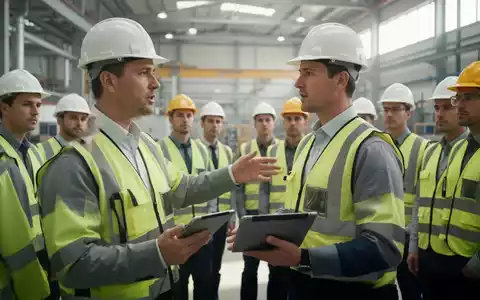 Ein Sicherheitsbeauftragter bespricht in einer Fabrikhalle Sicherheitsvorschriften mit externen Dienstleistern. - Foto: über boerse-global.de