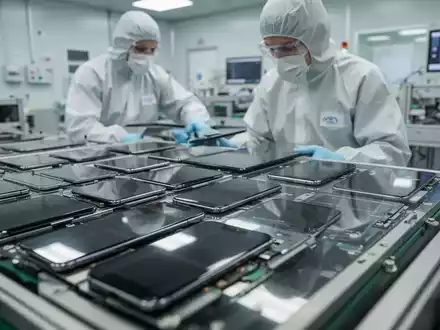 Ein Techniker in einem Reinraum inspiriert OLED-Display-Panels an einer automatisierten Fertigungslinie. - Foto: über boerse-global.de