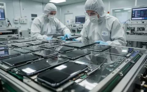 Ein Techniker in einem Reinraum inspiriert OLED-Display-Panels an einer automatisierten Fertigungslinie. - Foto: über boerse-global.de