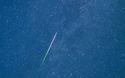 Ein Meteor mit grünem Schweif ist in der Nacht zu Donnerstag am Sternenhimmel zu sehen.  - Foto: Patrick Pleul/dpa