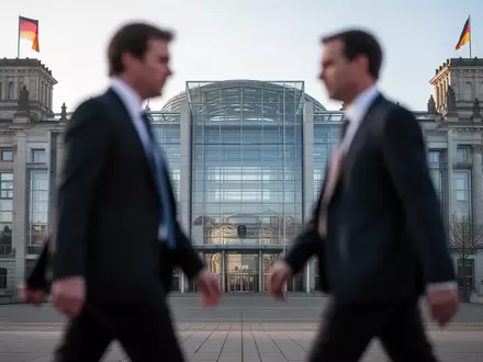 Zwei unscharfe Personen in formeller Geschäftskleidung vor dem verschwommenen Berliner Reichstagsgebäude bei Tageslicht. - Foto: über boerse-global.de