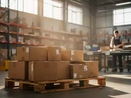 Versandkartons auf einer Palette in einem modernen Logistiklager bei Tageslicht. - Foto: über boerse-global.de