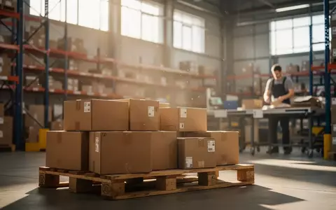Versandkartons auf einer Palette in einem modernen Logistiklager bei Tageslicht. - Foto: über boerse-global.de