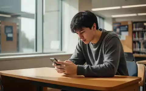Ein Student sitzt in einer Bibliothek und blickt auf sein Smartphone, wobei seine Körperhaltung leicht nach vorne gebeugt ist. - Foto: über boerse-global.de