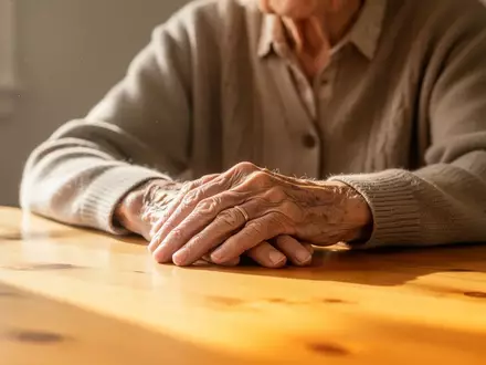 Nahaufnahme einer älteren Person, die ihre Hände auf einen Holztisch legt, in einem hellen, freundlichen Raum. - Foto: über boerse-global.de