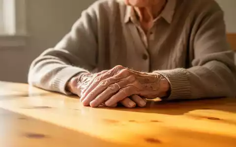 Nahaufnahme einer älteren Person, die ihre Hände auf einen Holztisch legt, in einem hellen, freundlichen Raum. - Foto: über boerse-global.de