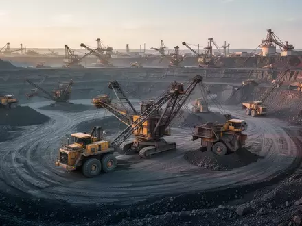 Moderne Bergbauanlage in einem Tagebau während des Sonnenaufgangs mit schwerem Gerät. - Foto: über boerse-global.de