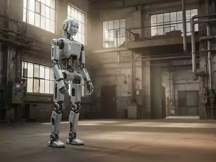 Ein humanoider Roboter steht inmitten einer industriellen Fabrikhalle mit alter Bausubstanz und rohem Betonboden. - Foto: über boerse-global.de