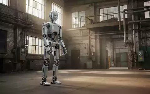 Ein humanoider Roboter steht inmitten einer industriellen Fabrikhalle mit alter Bausubstanz und rohem Betonboden. - Foto: über boerse-global.de