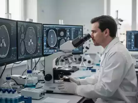 Ein Wissenschaftler arbeitet in einem modernen medizinischen Labor an einem Mikroskop zur Krebsforschung. - Foto: über boerse-global.de