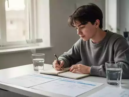 Eine junge Person sitzt nachdenklich an einem Schreibtisch mit einem Notizbuch in einer hellen, ruhigen Umgebung. - Foto: über boerse-global.de