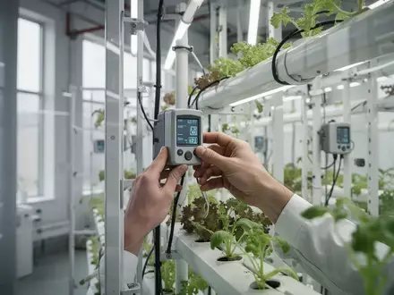 Eine Person justiert einen Sensor in einer modernen vertikalen Hydrokultur-Anlage in einem hellen, nachhaltigen Industrieraum. - Foto: über boerse-global.de