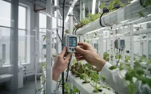 Eine Person justiert einen Sensor in einer modernen vertikalen Hydrokultur-Anlage in einem hellen, nachhaltigen Industrieraum. - Foto: über boerse-global.de