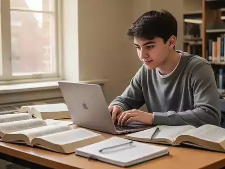 Ein Studierender arbeitet konzentriert an einem Laptop in einer Universitätsbibliothek. - Foto: über boerse-global.de