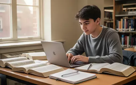 Ein Studierender arbeitet konzentriert an einem Laptop in einer Universitätsbibliothek. - Foto: über boerse-global.de