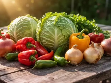 Eine Auswahl an frischem Rohgemüse wie Kohl, Paprika und Zwiebeln auf einem Holztisch bei hellem Sonnenlicht. - Foto: über boerse-global.de