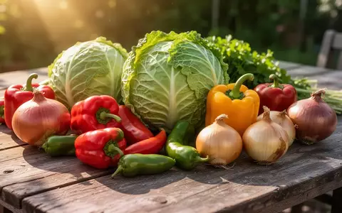 Eine Auswahl an frischem Rohgemüse wie Kohl, Paprika und Zwiebeln auf einem Holztisch bei hellem Sonnenlicht. - Foto: über boerse-global.de