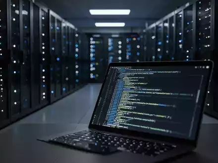 Dunkler Serverraum mit blinkenden LED-Lichtern und einem verschwommenen Laptop im Vordergrund, der komplexen Code anzeigt. - Foto: über boerse-global.de