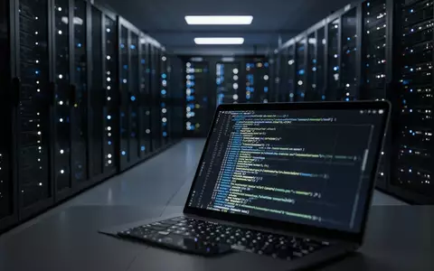 Dunkler Serverraum mit blinkenden LED-Lichtern und einem verschwommenen Laptop im Vordergrund, der komplexen Code anzeigt. - Foto: über boerse-global.de