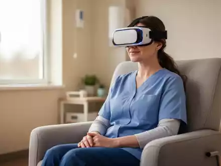 Eine Pflegekraft mit VR-Brille in einem hellen, freundlichen Aufenthaltsraum einer Pflegeeinrichtung. - Foto: ĂŒber boerse-global.de