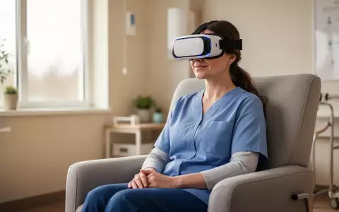 Eine Pflegekraft mit VR-Brille in einem hellen, freundlichen Aufenthaltsraum einer Pflegeeinrichtung. - Foto: über boerse-global.de