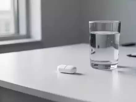 Eine einzelne weiße Tablette neben einem Glas Wasser auf einem sterilen medizinischen Untersuchungstisch. - Foto: über boerse-global.de