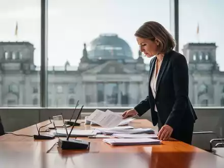 Eine Politikerin in einem modernen BĂŒro im Deutschen Bundestag, die konzentriert Unterlagen prĂŒft. - Foto: ĂŒber boerse-global.de