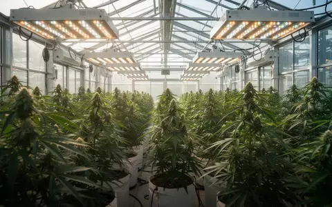 Moderne Gewächshausanlage für den professionellen Cannabisanbau mit grünen Pflanzen unter spezieller Beleuchtung. - Foto: über boerse-global.de
